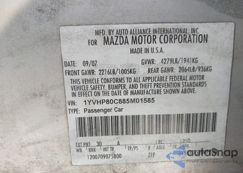 2008 Mazda Mazda6 I Sport Ve z USA, uszkodzony, nr VIN 1YVHP80C885M01585